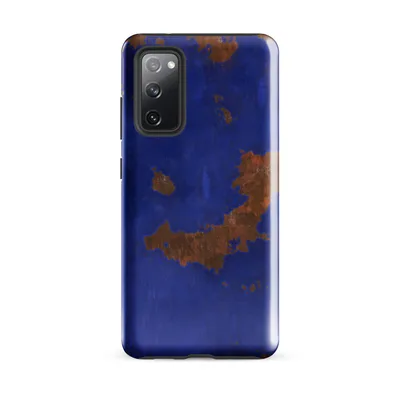 cobalt blue painted surface with scattered rust-orange oxidized patches in organic irregular shapes, resembling corroded metal on Glossy Cobalt Rust Storm Tough Case for Samsung - default - Front view