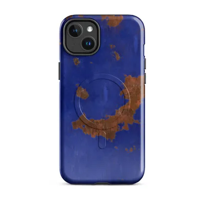 cobalt blue painted surface with irregular rust-orange patches resembling peeling and corroded aged metal on Glossy Rust and Cobalt Storm MagSafe Tough Case for iPhone - default - Front view
