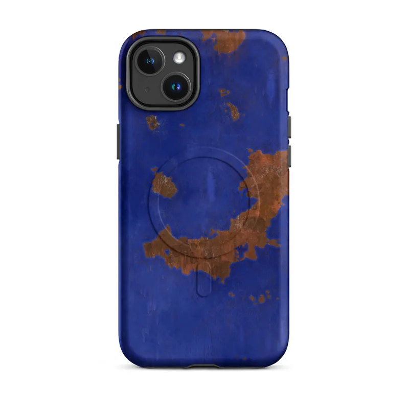 Matte Rust and Cobalt Storm MagSafe Tough Case for iPhone — cobalt blue painted surface with irregular rust-orange patches