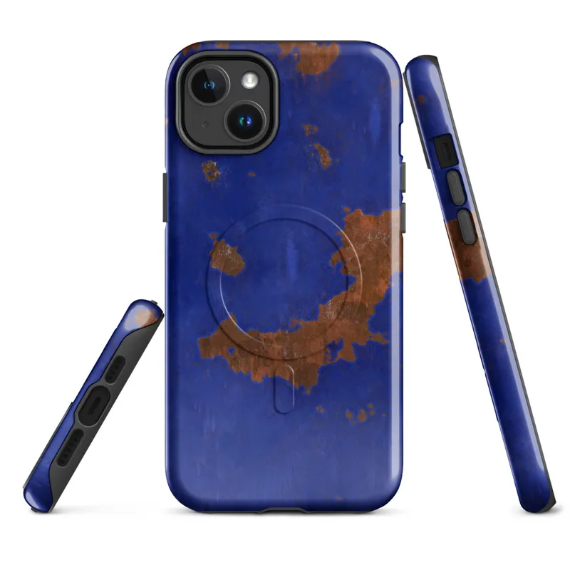 Glossy Rust and Cobalt Storm MagSafe Tough Case for iPhone — cobalt blue painted surface with irregular rust-orange patches
