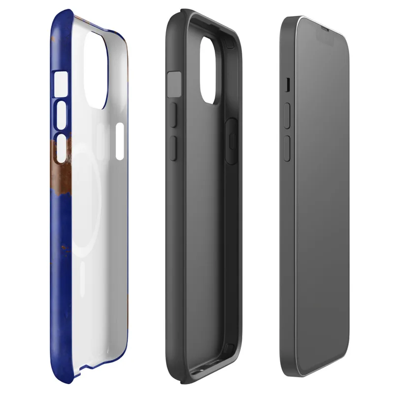Glossy Rust and Cobalt Storm MagSafe Tough Case for iPhone — cobalt blue painted surface with irregular rust-orange patches