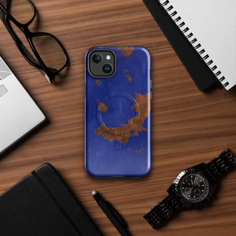 Glossy Rust and Cobalt Storm MagSafe Tough Case for iPhone — cobalt blue painted surface with irregular rust-orange patches