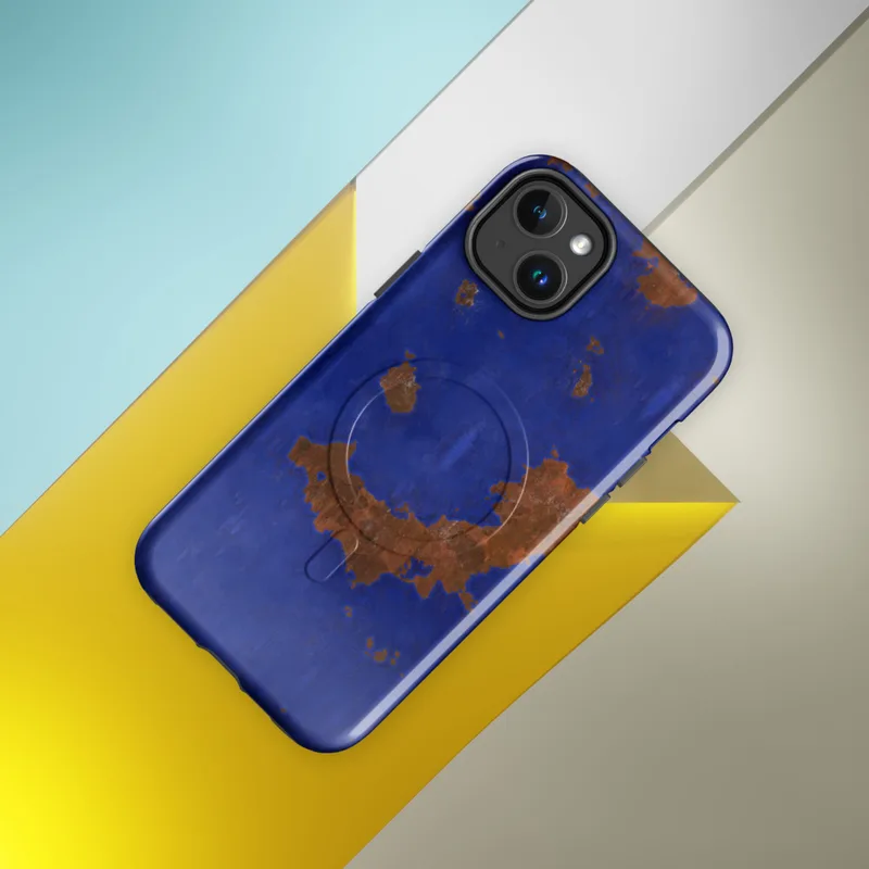 Glossy Rust and Cobalt Storm MagSafe Tough Case for iPhone — cobalt blue painted surface with irregular rust-orange patches