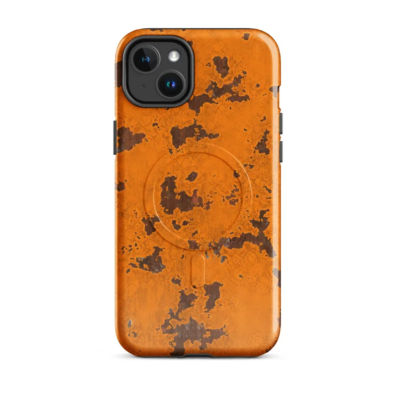 Glossy Rustic Orange Rust Texture MagSafe Tough Case for iPhone — cracked orange paint peeling away to reveal dark brown