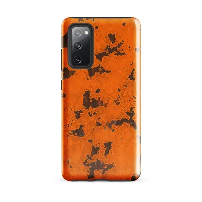 cracked orange paint peeling away to reveal dark iron rust patches across a weathered metal surface on Glossy Rust Never Sleeps Tough Case for Samsung - default - Front view