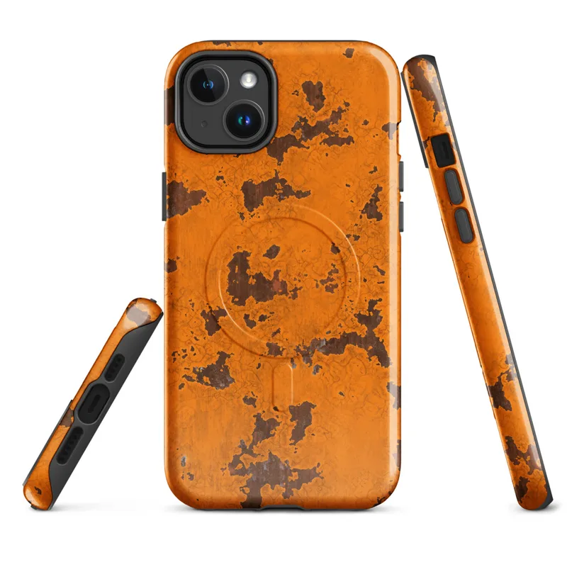 Glossy Rustic Orange Rust Texture MagSafe Tough Case for iPhone — cracked orange paint peeling away to reveal dark brown