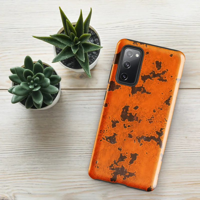 Glossy Rust Never Sleeps Tough Case for Samsung — cracked orange paint peeling away to reveal dark iron rust patches across