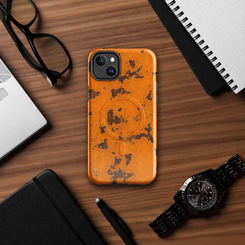 Glossy Rustic Orange Rust Texture MagSafe Tough Case for iPhone — cracked orange paint peeling away to reveal dark brown