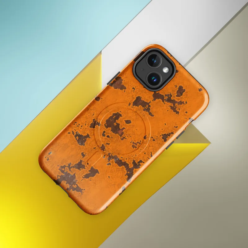 Glossy Rustic Orange Rust Texture MagSafe Tough Case for iPhone — cracked orange paint peeling away to reveal dark brown