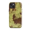 Glossy Corroded Rust Peeling Paint MagSafe Tough Case for iPhone — peeling olive-green paint revealing deep rust-red metal