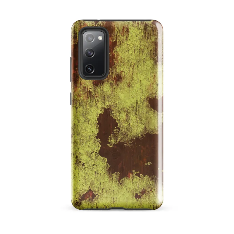 Glossy Rusted Decay Industrial Tough Case for Samsung — peeling olive and gold paint revealing deep rust-red corroded metal
