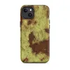 Matte Corroded Rust Peeling Paint MagSafe Tough Case for iPhone — peeling olive-green paint revealing deep rust-red metal