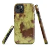 Glossy Corroded Rust Peeling Paint MagSafe Tough Case for iPhone — peeling olive-green paint revealing deep rust-red metal