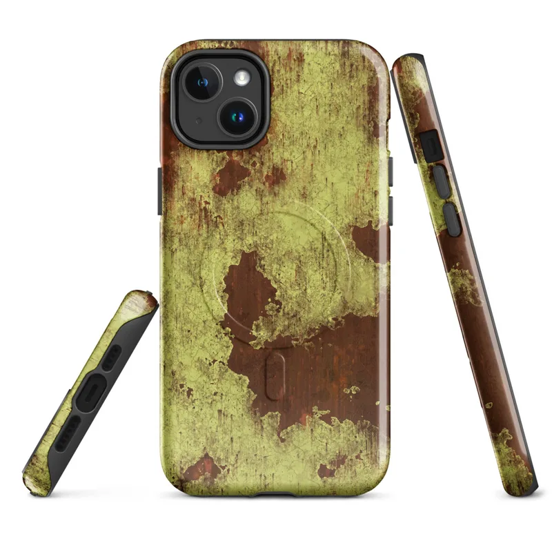 Glossy Corroded Rust Peeling Paint MagSafe Tough Case for iPhone — peeling olive-green paint revealing deep rust-red metal