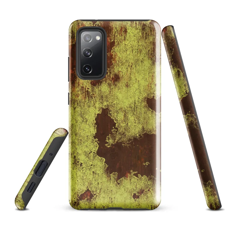 Glossy Rusted Decay Industrial Tough Case for Samsung — peeling olive and gold paint revealing deep rust-red corroded metal