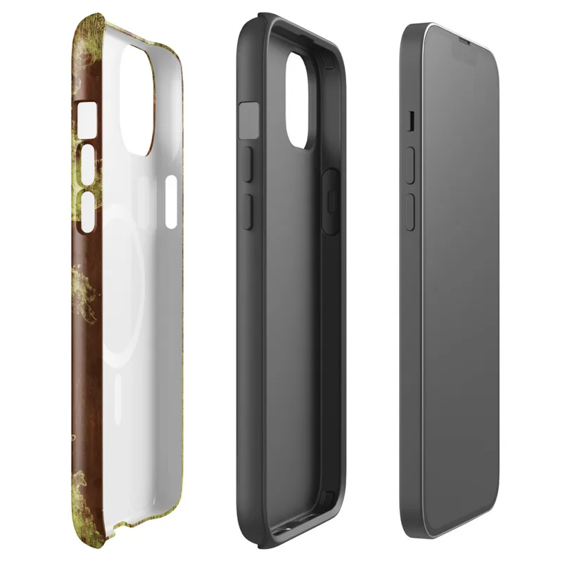 Glossy Corroded Rust Peeling Paint MagSafe Tough Case for iPhone — peeling olive-green paint revealing deep rust-red metal