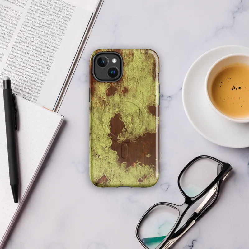 Glossy Corroded Rust Peeling Paint MagSafe Tough Case for iPhone — peeling olive-green paint revealing deep rust-red metal