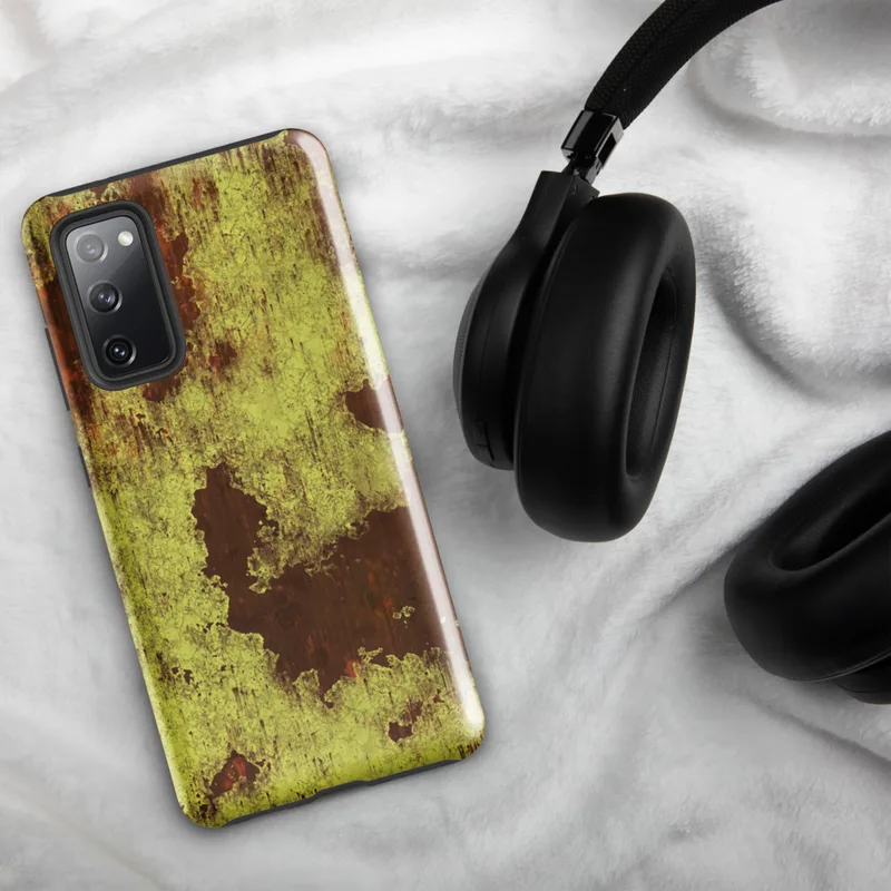 Glossy Rusted Decay Industrial Tough Case for Samsung — peeling olive and gold paint revealing deep rust-red corroded metal