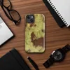 Glossy Corroded Rust Peeling Paint MagSafe Tough Case for iPhone — peeling olive-green paint revealing deep rust-red metal
