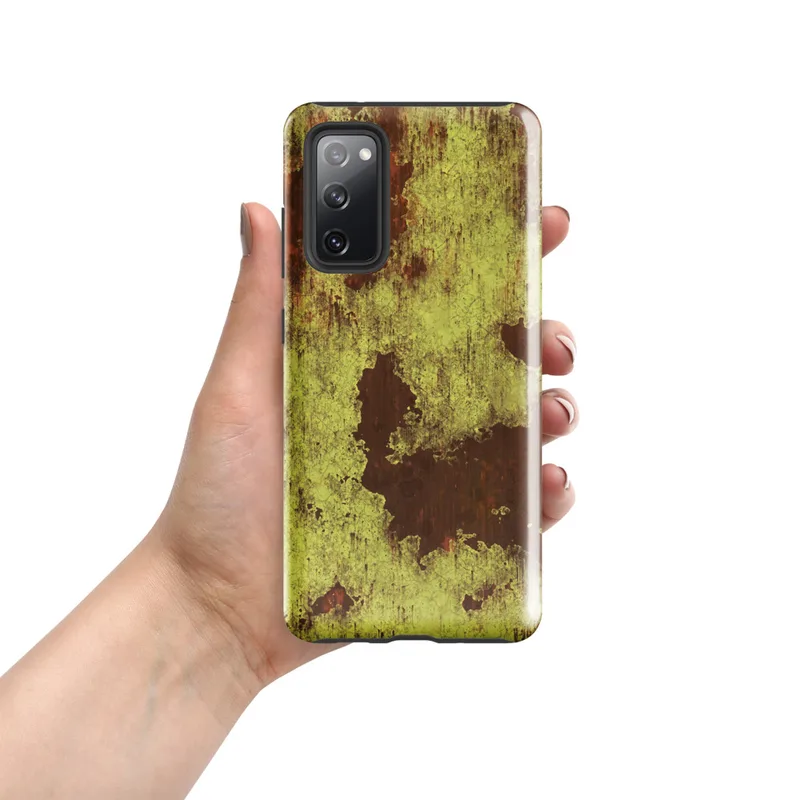 Glossy Rusted Decay Industrial Tough Case for Samsung — peeling olive and gold paint revealing deep rust-red corroded metal