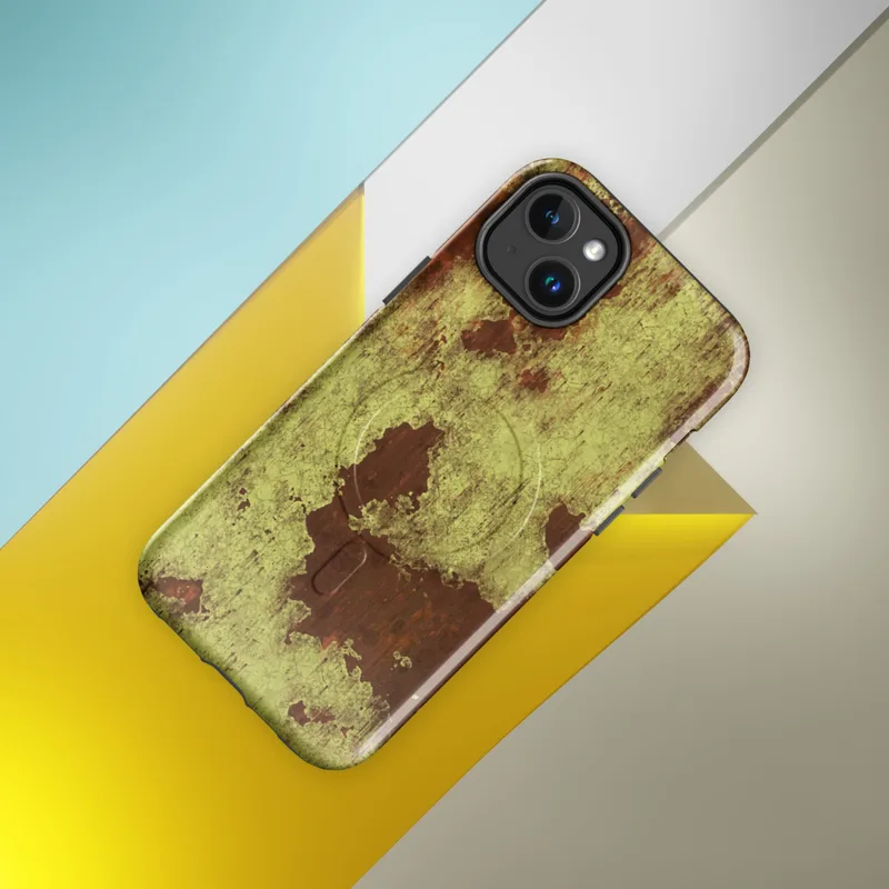 Glossy Corroded Rust Peeling Paint MagSafe Tough Case for iPhone — peeling olive-green paint revealing deep rust-red metal