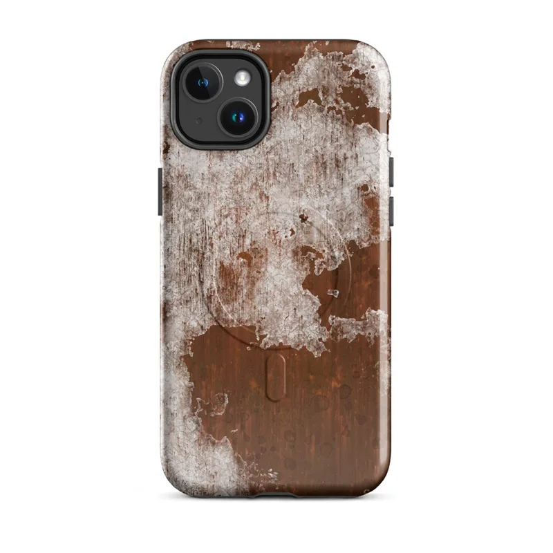 Glossy Rust and Ruin MagSafe Tough Case for iPhone — close-up texture of deep rust-brown oxidized metal beneath cracked