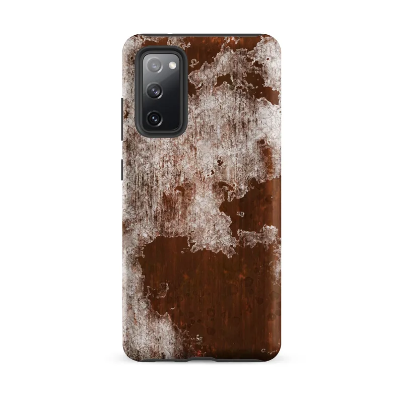Matte Rusted Iron Decay Tough Case for Samsung — close-up of heavily rusted iron with crumbling white paint peeling away