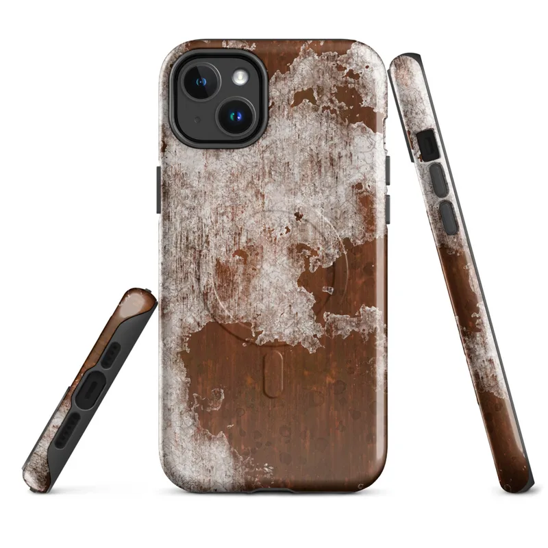 Glossy Rust and Ruin MagSafe Tough Case for iPhone — close-up texture of deep rust-brown oxidized metal beneath cracked