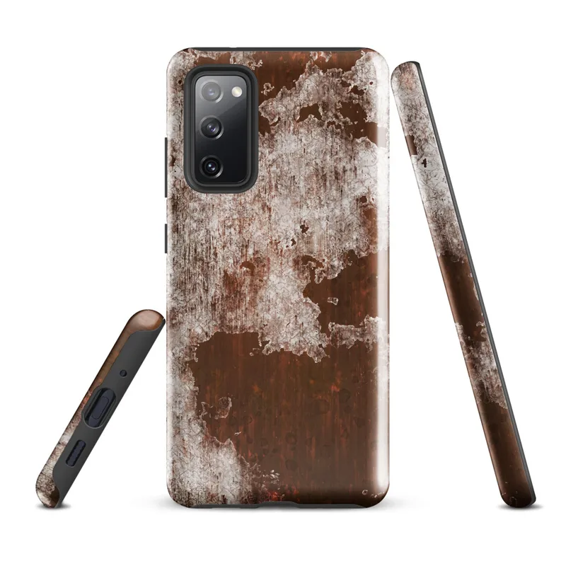 Glossy Rusted Iron Decay Tough Case for Samsung — close-up of heavily rusted iron with crumbling white paint peeling away