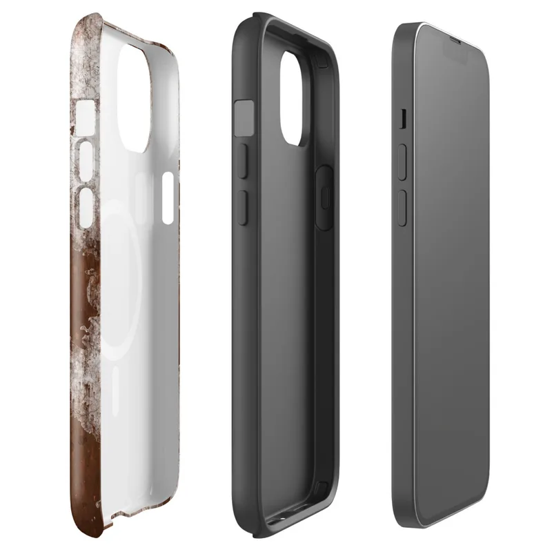 Glossy Rust and Ruin MagSafe Tough Case for iPhone — close-up texture of deep rust-brown oxidized metal beneath cracked