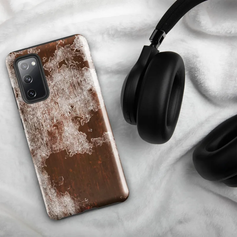 Glossy Rusted Iron Decay Tough Case for Samsung — close-up of heavily rusted iron with crumbling white paint peeling away