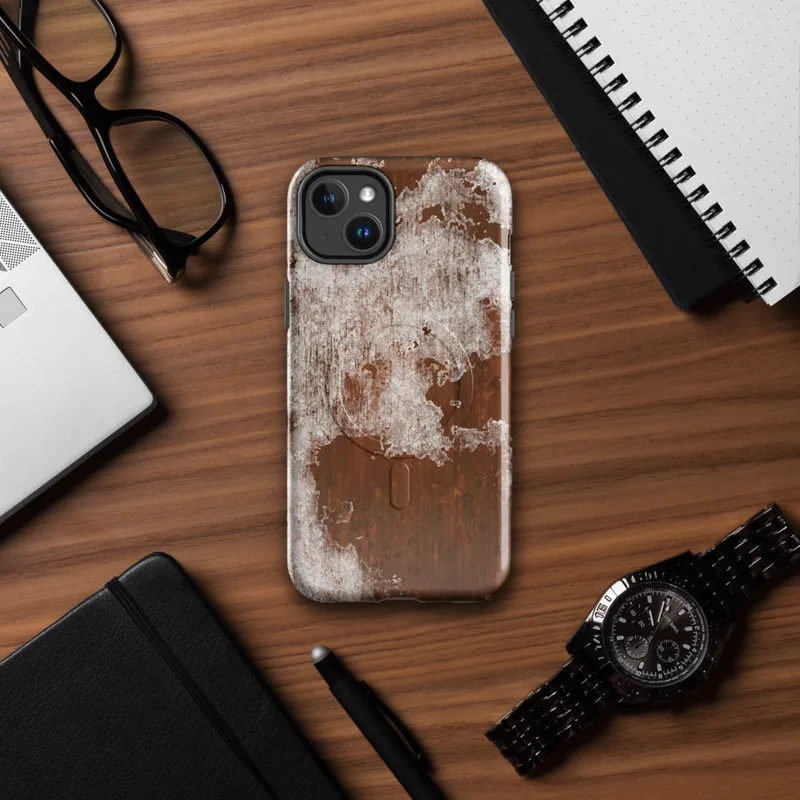 Glossy Rust and Ruin MagSafe Tough Case for iPhone — close-up texture of deep rust-brown oxidized metal beneath cracked