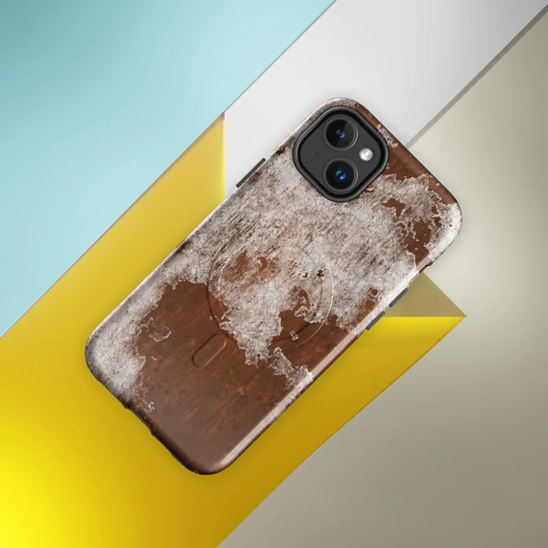 Glossy Rust and Ruin MagSafe Tough Case for iPhone — close-up texture of deep rust-brown oxidized metal beneath cracked