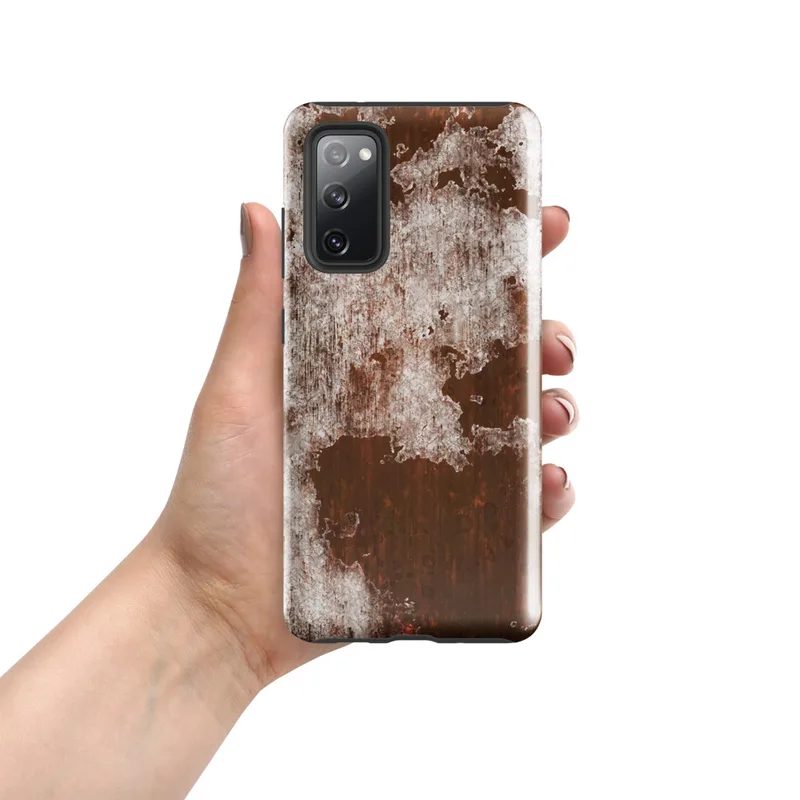 Glossy Rusted Iron Decay Tough Case for Samsung — close-up of heavily rusted iron with crumbling white paint peeling away