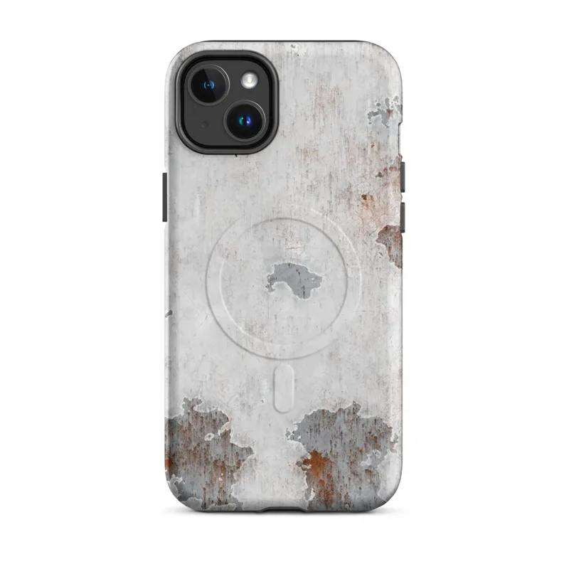 Matte Rusted White Peeling Metal MagSafe Tough Case for iPhone — peeling white paint revealing steel-grey primer and rust