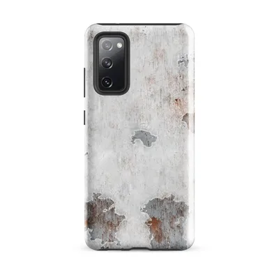 photorealistic peeling white paint revealing steel-gray primer and deep rust patches on aged metal surface on Glossy Rusted Decay Peeling Paint Tough Case for Samsung - default - Front view