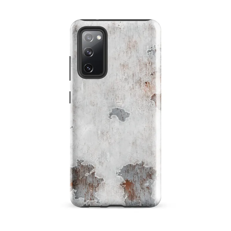 Glossy Rusted Decay Peeling Paint Tough Case for Samsung — photorealistic peeling white paint revealing steel-gray primer
