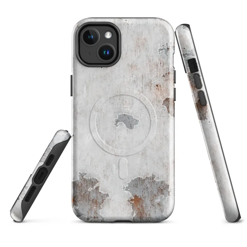 Glossy Rusted White Peeling Metal MagSafe Tough Case for iPhone — peeling white paint revealing steel-grey primer and rust