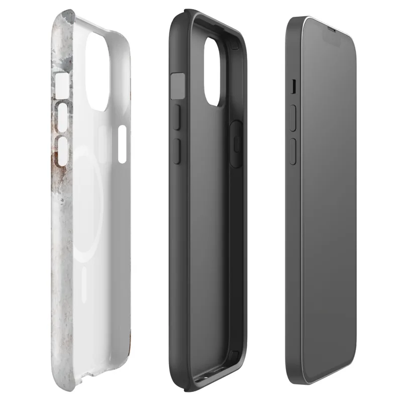 Glossy Rusted White Peeling Metal MagSafe Tough Case for iPhone — peeling white paint revealing steel-grey primer and rust