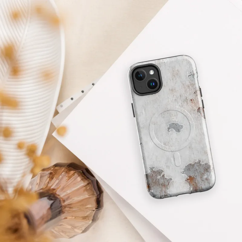 Glossy Rusted White Peeling Metal MagSafe Tough Case for iPhone — peeling white paint revealing steel-grey primer and rust