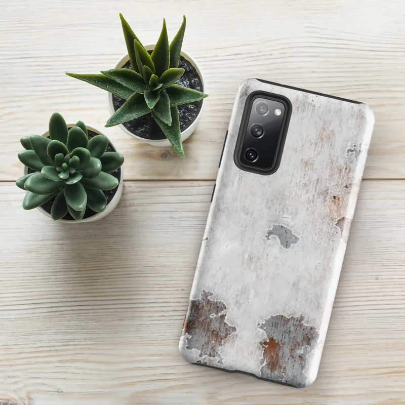 Glossy Rusted Decay Peeling Paint Tough Case for Samsung — photorealistic peeling white paint revealing steel-gray primer