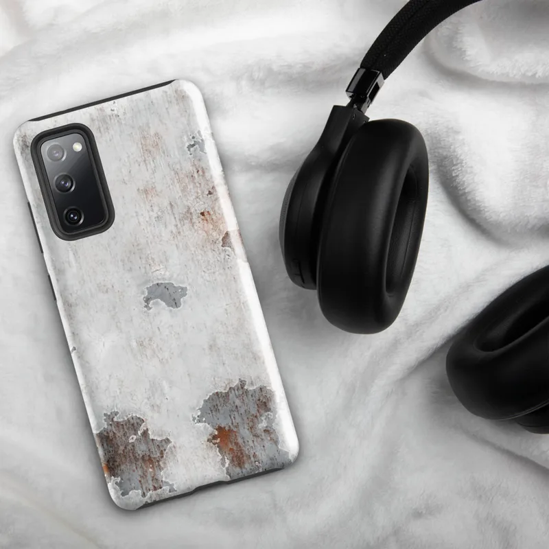 Glossy Rusted Decay Peeling Paint Tough Case for Samsung — photorealistic peeling white paint revealing steel-gray primer