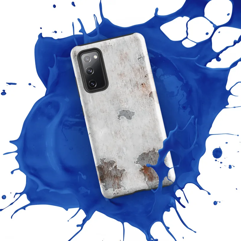 Glossy Rusted Decay Peeling Paint Tough Case for Samsung — photorealistic peeling white paint revealing steel-gray primer