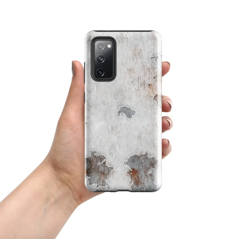 Glossy Rusted Decay Peeling Paint Tough Case for Samsung — photorealistic peeling white paint revealing steel-gray primer