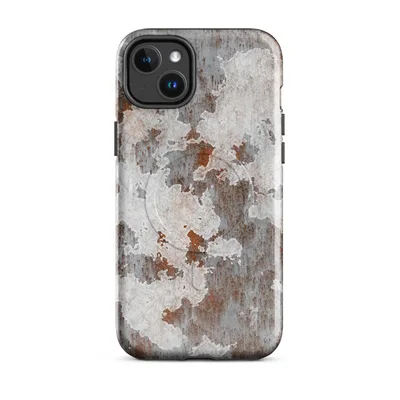 peeling white paint over rust-streaked aged metal surface in burnt sienna, slate grey, and chalky white on Glossy Rusted Iron Peeling Paint MagSafe Tough Case for iPhone - default - Front view
