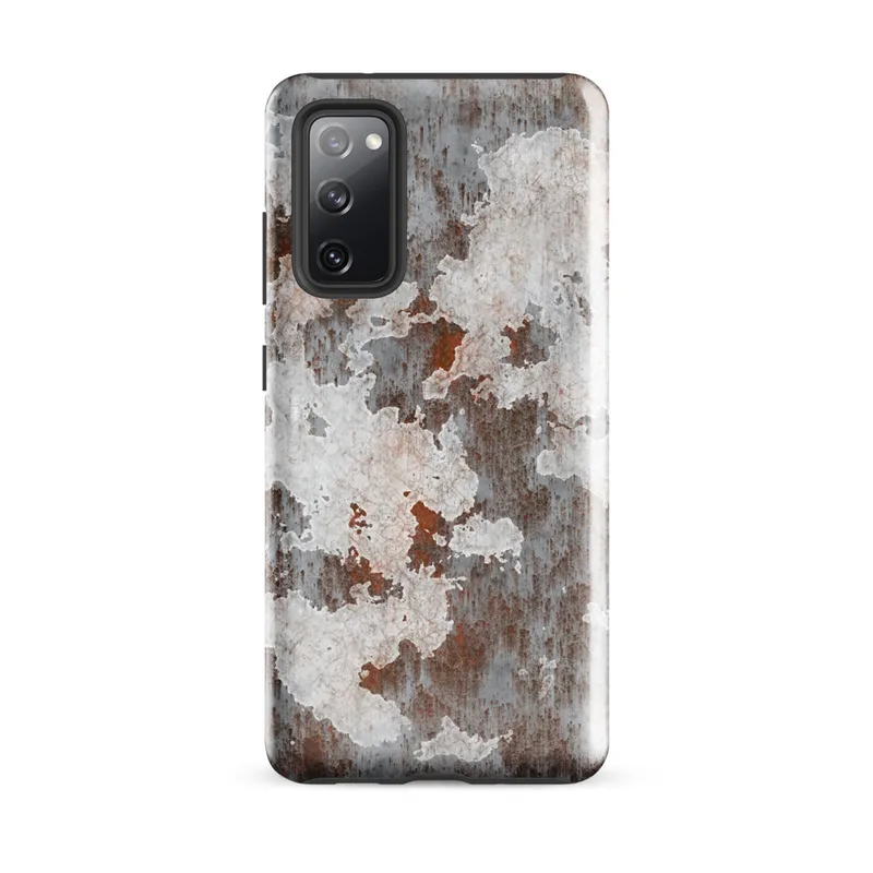 Glossy Rusted Iron Industrial Tough Case for Samsung — peeling white paint over heavily rusted steel with orange corrosion