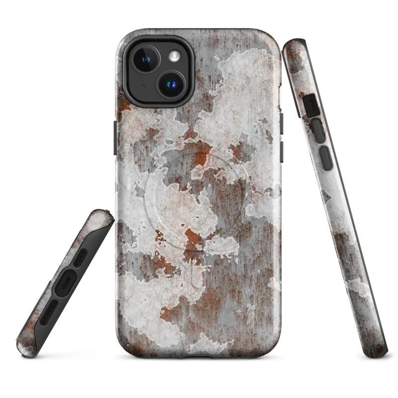 Glossy Rusted Iron Peeling Paint MagSafe Tough Case for iPhone — peeling white paint over rust-streaked aged metal surface
