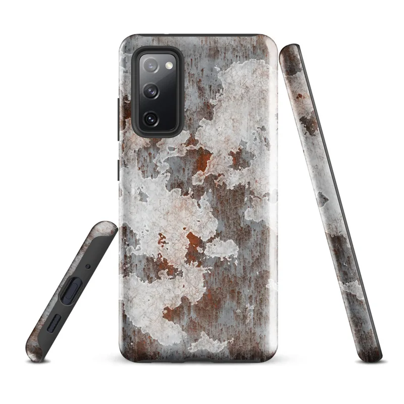 Glossy Rusted Iron Industrial Tough Case for Samsung — peeling white paint over heavily rusted steel with orange corrosion
