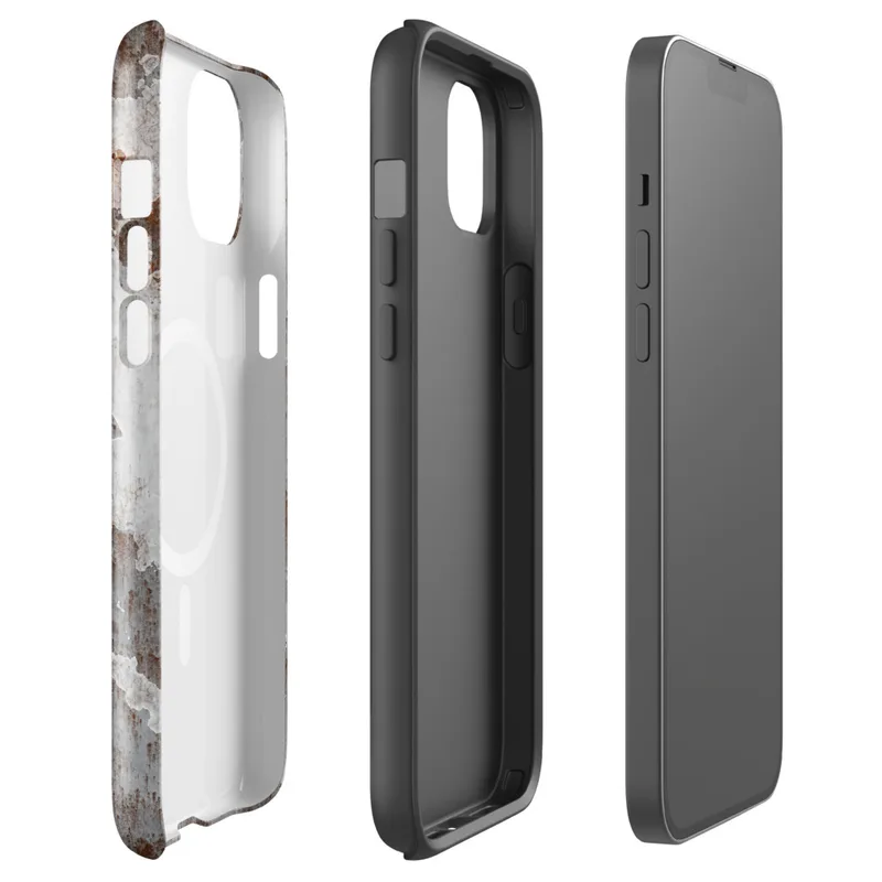 Glossy Rusted Iron Peeling Paint MagSafe Tough Case for iPhone — peeling white paint over rust-streaked aged metal surface