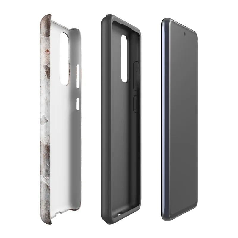 Glossy Rusted Iron Industrial Tough Case for Samsung — peeling white paint over heavily rusted steel with orange corrosion